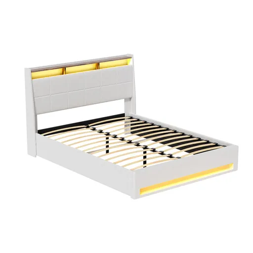 Artiss Bed Frame Gas Lift LED Beds Base Platform White PVC Leather Storage Headboard - Double