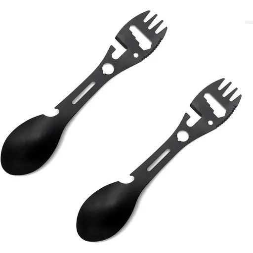 4 pack Multifunctional Outdoor Fork Spoon Detachable Tableware,10-in-1 Utility Tactical Spork, Stainless Steel Spoon & Bottle Opener, Fork & Knife, Combo Camping Utensil for Hiking(Black)