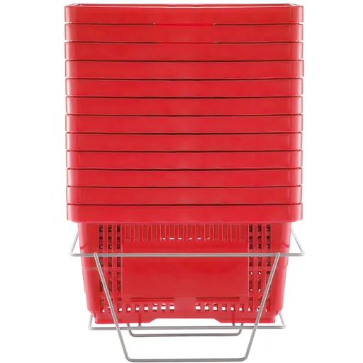 Shopping Basket, Set of 12, 24L Durable Plastic Grocery Basket with Handle and Stand, 425 x 295 x 225 mm Portable Shop Basket Bulk Used for Retail Store, Supermarket, and Grocery Shopping, Red