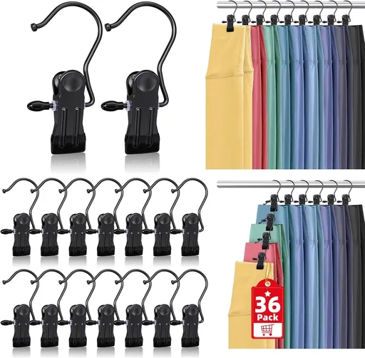36 Pack Boot Hangers Clips for Closet, Laundry Hooks Hanging Clips Pants Hangers with Clips Legging Organizer Clothes Pins Hanger Clips for Closet Organizer Towel Socks Hats Jeans Home Travel Black