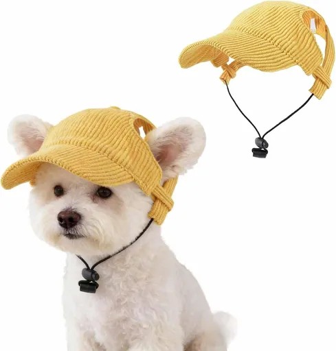 Dog Baseball Cap with Ear Holes, Adjustable Pet Sun Hat for Small Dogs and Cats, Yellow, Size S