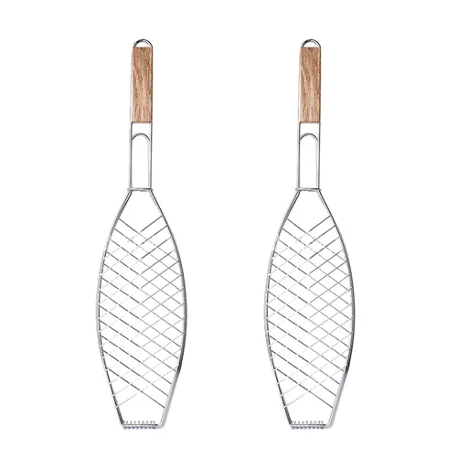Barbecue Net Clamp Iron Wire Mesh with Wooden Handle for Camping Grill - 43x15cm