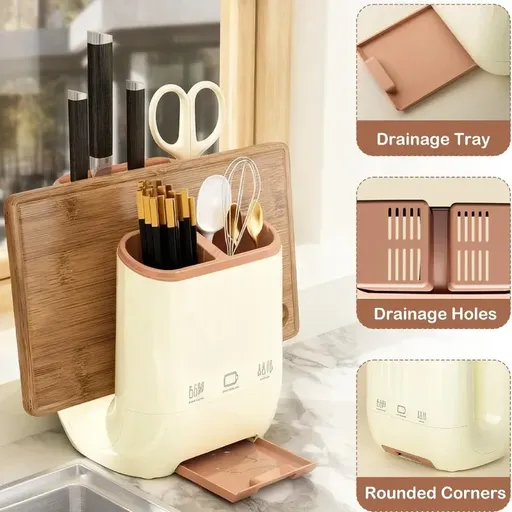 Upgraded 3.0 Multi-Function Knife & Board Holder PP Bamboo Backboard 3-Zone Sorting Drainage Detachable(Rice brown)