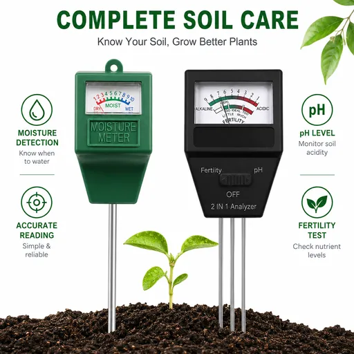 3-in-1 Soil Care Tester Kit for Soil Moisture pH Acidity and Fertility - 2 Pack Plant Sensor Meters with Simple Color Dials, Battery-Free Plug and Play