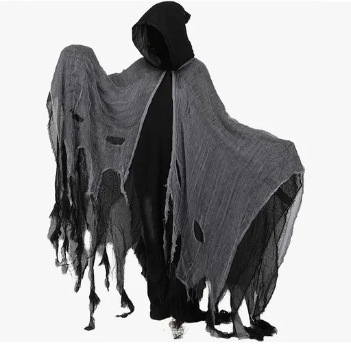 🎃 Halloween Adult Horror Hooded Tattered Cloak! Witch Zombie Reaper Cosplay Robe, Party Ghost Costume, Oversized Floor-Length Cape Maxes Out the Vibes! 👻/grey