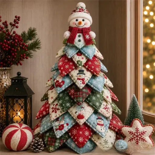 Snowman Themed DIY Fabric Quilted Christmas Tree Kit for Handmade Layered Festive Tabletop Tree, Christmas Home Decor and Holiday Craft Gift