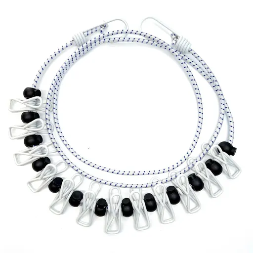 White Portable Windproof Travel Clothesline and Velvet Storage Bag - 1.8M to 4M High Elastic Travel Laundry Line with 12 Clips & 13 Positioning Beads to Prevent Clothes Tangling