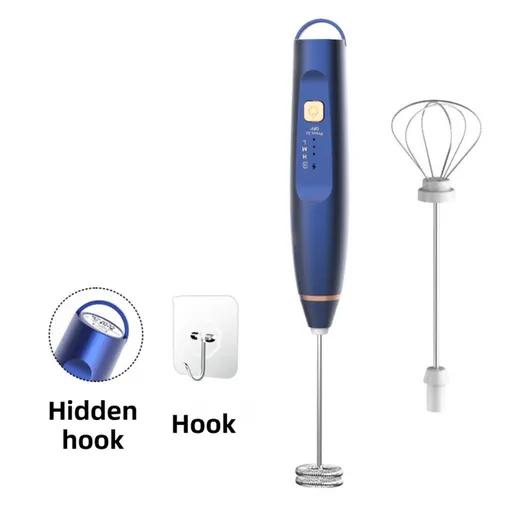 Blue Wireless 3-Speed Milk Frother & Egg Whisk with Dual Mixing Heads & Hidden Hook - Handheld USB Rechargeable Foam Maker for Coffee, Cream & Baking