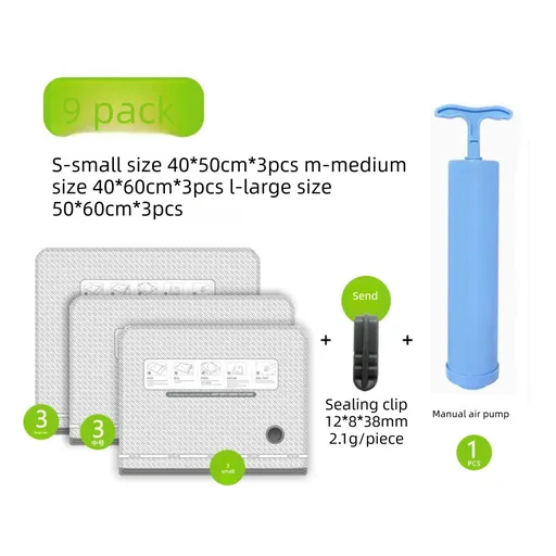 Nine Vacuum Storage Bags Set with Hand Pump - Space Saving Compression Bags for Travel & Wardrobe Organization