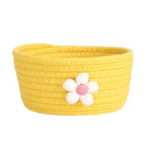 Small Woven Storage Basket, Cotton Rope Rattan Shelf Bin for Toys and Closet Organization at Home or Nursery, Yellow, 16 x 8 cm