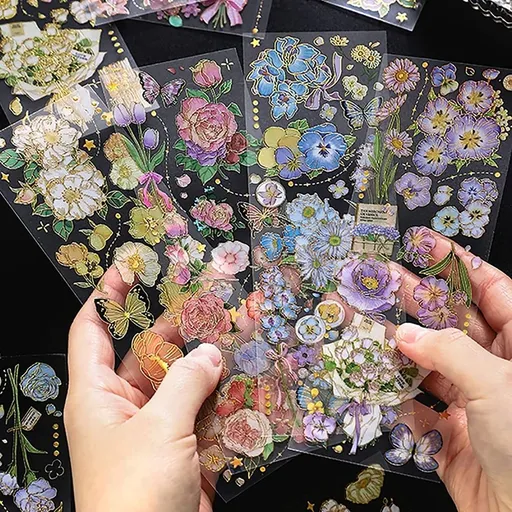 Scrapbooking Journaling Sticker Sheets, Flower Butterfly Plant Gold Foil Transparent Waterproof Stickers for Adults Kids (12 Sheets with 4 Themes)