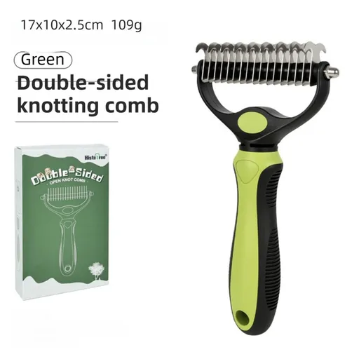Green Dual Sided Pet Knot Cutter for Dogs & Cats - 17 / 9 Tooth Undercoat Grooming Rake with Non-Slip TPR Handle, Perfect Long Fur Remove Tangles Mats Knots