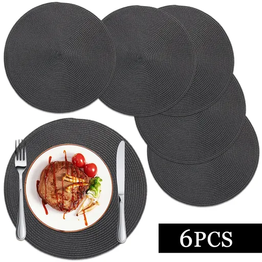 Braided Placemats Set of 6 Round 15 inch Woven Heat Resistant Non-Slip Kitchen Table Mats Red Black