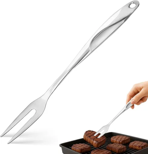 14.6" Stainless Steel Carving Fork for Meat, 2-Prong Serving & Grilling Fork with Hanging Hole, Hollow Handle for Better Heat Reduction, Kitchen Utensil for Cooking & Serving