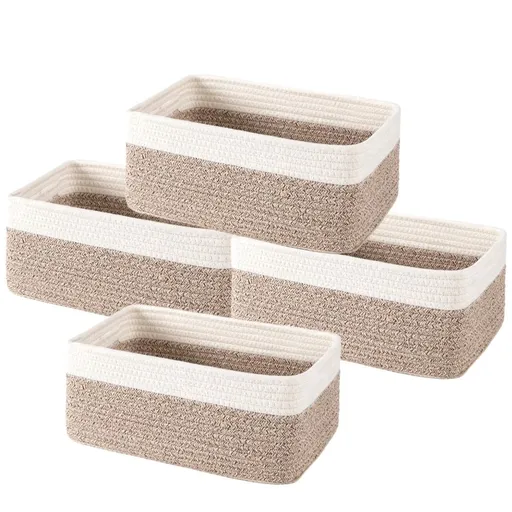 4-Pack Cotton Rope Storage Baskets, Rectangle Baskets with Handles, Nursery & Bathroom Organizer