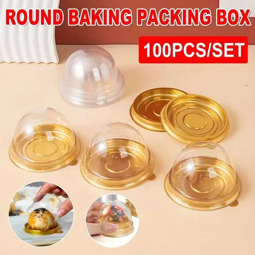 100pcs Round Gold Plastic Bakery Food Packaging Boxes for Cake Dessert Packaging