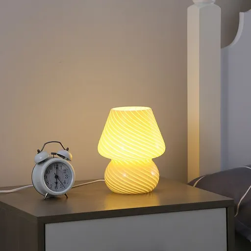 Yellow Striped Retro All Glass Mushroom Table Lamp - American Style Creative Bedside Nightstand Ambient Light, USB Plug with 3-Color Switching and Brightness Dimmable