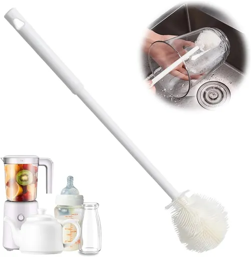 Soft Bristle Silicone Cup Brush, Upgrade 360°Silicone Cup Brush Long Handle Water Bottle Brush Cleaner, Cup Cleaner Brush Cup Lid Cleaning Brush for Narrow Neck containers (1, White)
