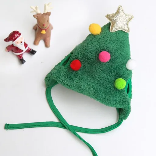 Pet Christmas Hat Bandana Wearable Accessories Green Hat with Colorful Balls S (Suitable for 2-8 lb Pets)