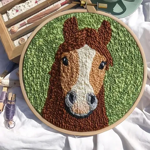 DIY Punch Needle Kits for Beginners Brown Horse with Hoop Embroidery Punch Needle Starter Craft Set Easy for Adults and Festival Gift and Decoration 20x20cm