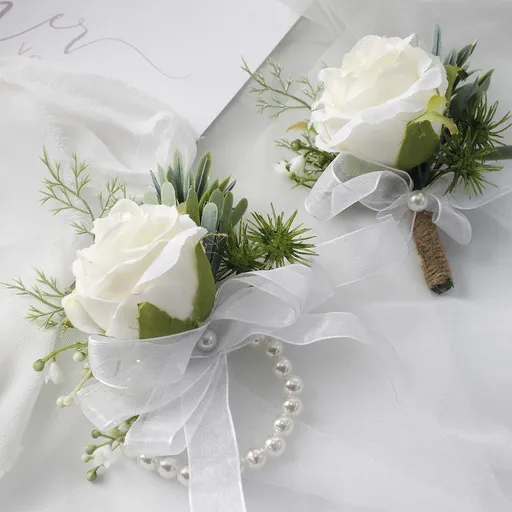 2 pieces Wrist Corsage Set, Artificial Rose Men Women Corsage Wristband Bracelet, Bride Groom Wedding Prom Party Flowers