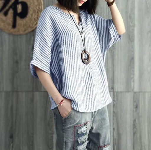 Women Striped Cotton Blend Batwing Casual Top T-Shirt Blue 5XL