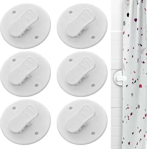 Shower Curtain Clips - 6 Pack - Self-Adhesive - Shower Splash Clips - For Curtains - Shower Curtains - Weighted Clips - Secure Shower Curtains and Curtains