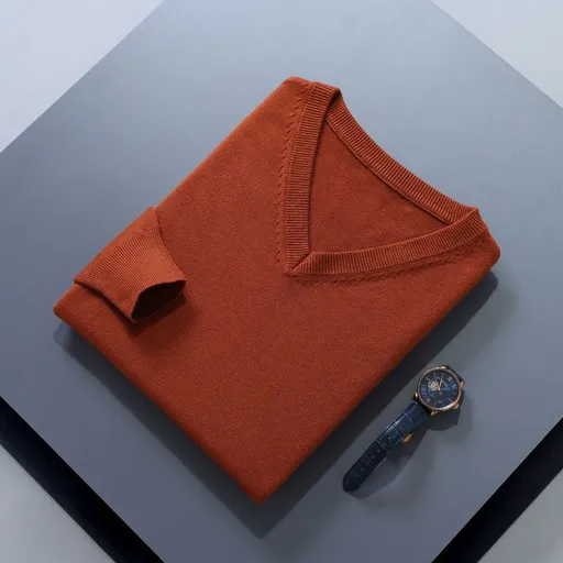 Men V Neck Pullover Knitwear Loose Long Sleeve Caramel