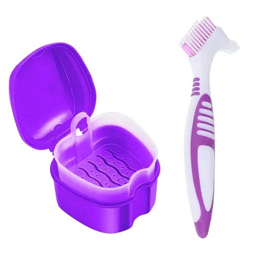 Denture Bath Case Cup Box Holder Storage Container with Denture Cleaner Brush Strainer Basket for Travel Cleaning Purple