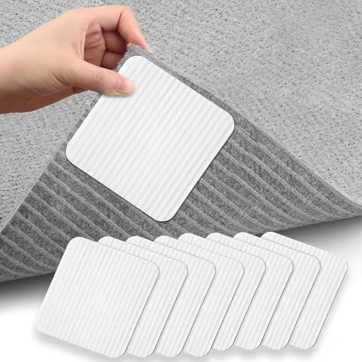 8 Pack Square Rug Grippers, Washable Reusable Non-Slip Carpet Pads for Rugs and Floor Coverings, White, 10 x 10 cm
