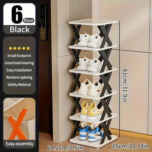 6-Tier Foldable White/BLACK Shoe Rack, space-saving vertical design for entry halls, living rooms, bedrooms, closets, balconies—an essential organizing storage shelf for college dormitories.