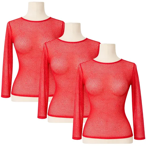 3x Womens Fishnet Mesh Top Long Sleeve Sheer Stretch See Through Costume - Red