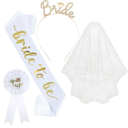 White and Gold Bride to Be Bachelorette Party Accessory Set, 4 Piece Bridal Shower Accessories Kit with Rhinestone Headband, Sash, Badge and Double Layer Veil with Comb