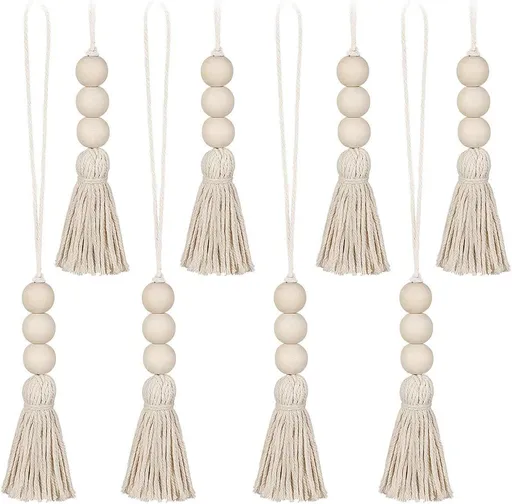 Wood Bead Garland,Farmhouse Tassels Beads, Rustic Country Decor Prayer Beads for Home Door Knob Christmas Decoration (8pack)