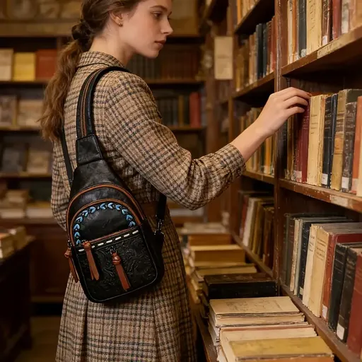Vintage Bohemian Multi-Functional Chest Bag | PU Embossed 3-in-1 Bag, Exuding Bohemian Charm/BLACK