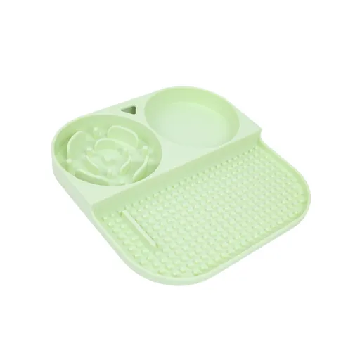2 Pcs Green 3-in-1 Silicone Pet Slow Feeder & Lick Mat with Water Bowl - Non-Slip Design for Dogs & Cats