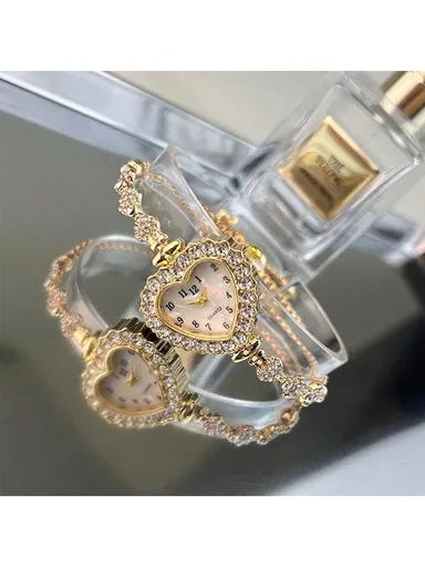 1pc Women s Gold Color Alloy Bracelet Heart Shaped Watch Case Arabic Numerals Dial Adjustable Drawstring Strap Daily Decoration Holiday Gift