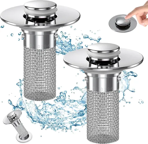 Bathroom Sink Drain Stopper - Pop Up Drain Plug with 2 Replacement Filters Basket, Removable Stainless Steel Floor Drain Filter, Anti Clogging Sink Strainer Hair Catcher for Washroom (Silver)