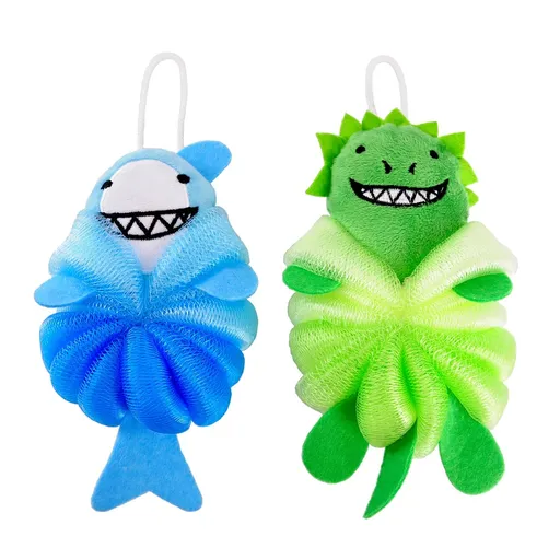 2 Pack Fun Bubble Bath Kid Loofahs, Cute Animal Loofah Bath Sponge, Shower Puffs Body Scrubber, Fun Bath - Shark and Dinosaur