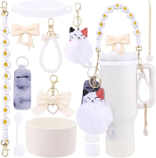 11PCS Stanley Cup Accessories Set for Stanley Cup 30oz 40oz Tumbler Including Water Bottle Handle Strap Silicone Cup Boot Spill Stopper Lipstick Holder Keychain Charms Straw Topper