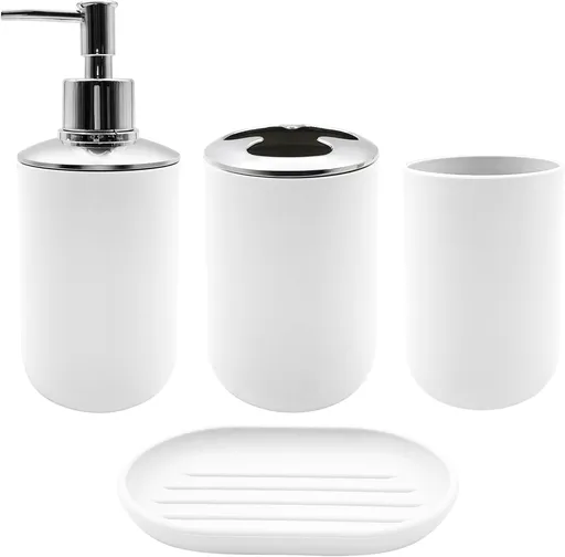 Set 4 Pcs Green Bathroom Accessories,Cute Bathroom Decor,Plastic Soap Dispenser and Toothbrush Holder Set,Soap Dish and Mouthwash Cup White