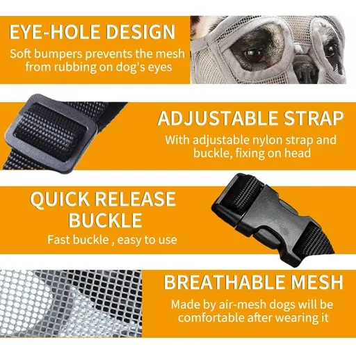Short Snout Dog Muzzle, Breathable Mesh Flat Faced Muzzle for French Bulldog Shih Tzu and Pug,Mask Bulldog Muzzle for Biting