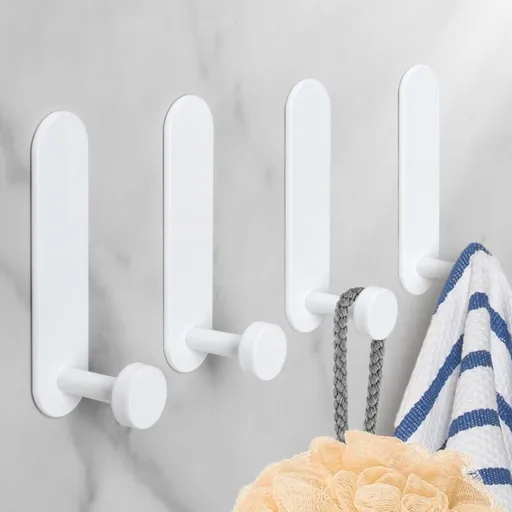 Adhesive Hooks, 4 Pieces Aluminum Bathroom Wall Hooks No Drilling Waterproof Towel Holder, Kitchen Office Towel Hanger