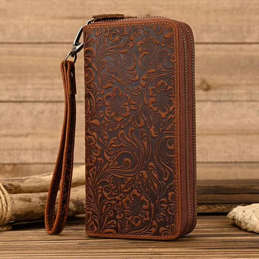 Crazy Horse Floral Embossed Top Grain Leather Double Zip Long Wallet, Vintage Embossed Genuine Leather Clutch, Large Capacity Bi-Fold Men's Wallet with Leather Wrist Strap.(Crazy horse pattern)