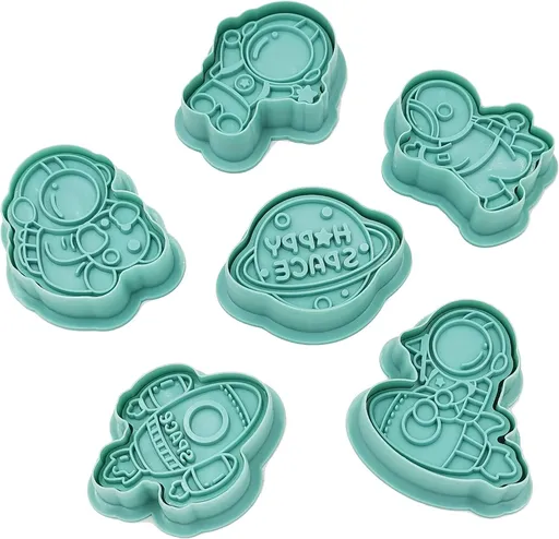 3D Space Rocket Cookie Cutters,Astronaut Rocket Moon Star Planet Outer Space Fondant Stamper Set, Biscuit Cake