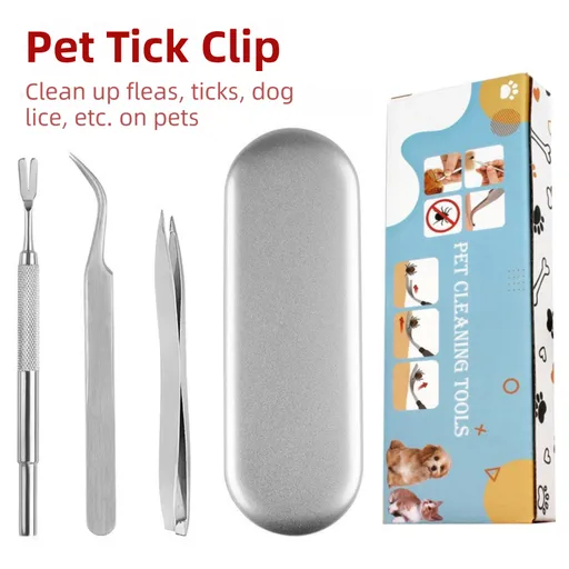 Stainless Steel Pet Tick Remover Tool Kit - Professional Fork, Double-Head Clip, and Curved Tweezers for Dogs and Cats
