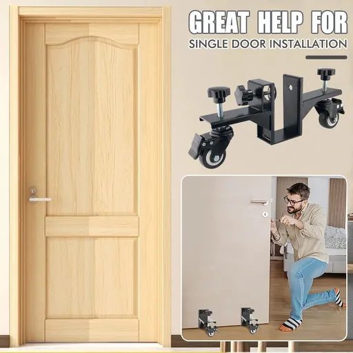 Adjustable Door Installation Roller Tool with 360° Swivel Brake Casters, U-Shaped Clamp for Heavy Wooden Door Lifting, Moving and Positioning During Indoor Setup (1PCS)