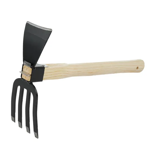 Dual-Purpose Hoe with Short Wooden Handle, Handheld Garden Tool 2 in 1 Rake and Hoe, Great for Loose or Weeding Soil