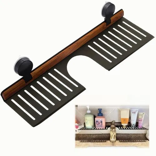 Wall-Mounted Bathroom Storage Shelf with Draining Design for Toiletries, Hair Dryer, Towels and Shower Accessories, Walnut and Black