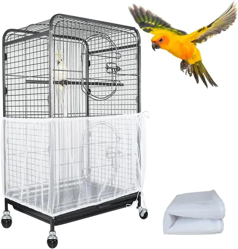 M White【Height 20, Circumference 170】 Large Bird Cage Seed Catcher Net Cover - Adjustable Mesh Guard Splash-Proof Dust Cover for Indoor Outdoor Cages